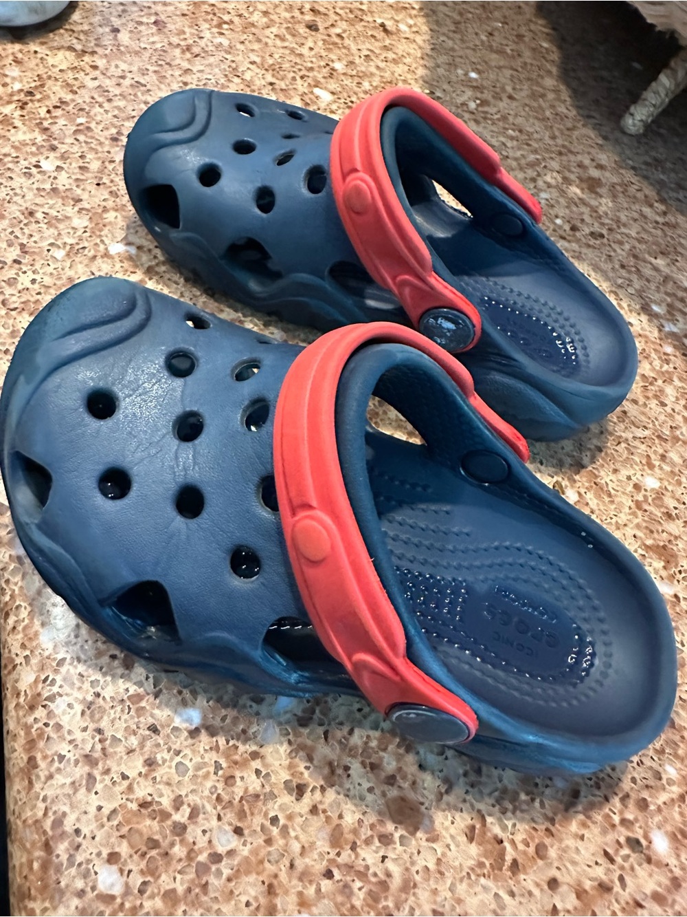CROCS Kids Navy Clogs with Red Heel Straps